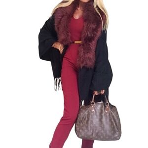 Burgundy Fur Long Black Shawl Fringe Wrap